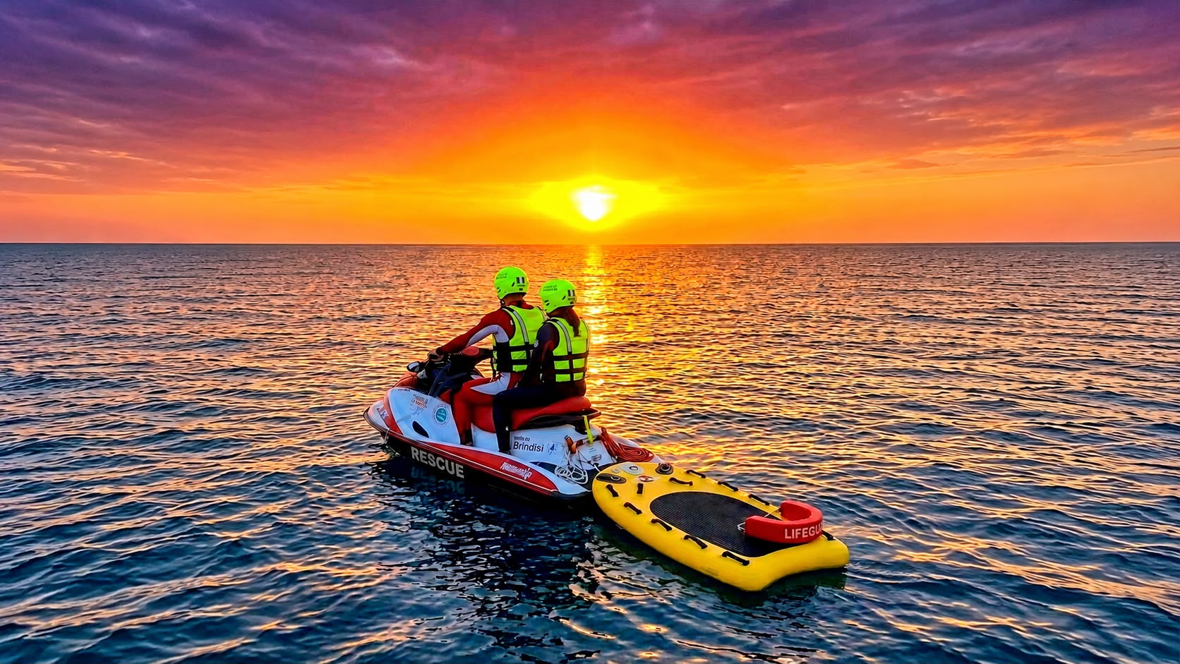 Weater Rescue Brindisi, l’equipaggio durante un pattugliamento in mare al tramonto_orizontale